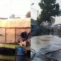 Truk Tangki Bermuatan Molase Terguling di Natar, Damkar Lakukan Penyiraman Badan Jalan